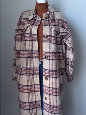 Beige Plaid Long Shacket Jacket - Classic Lightweight Coat